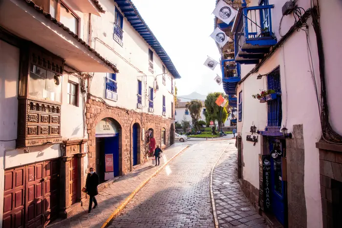 A street with the traditional blue balconies