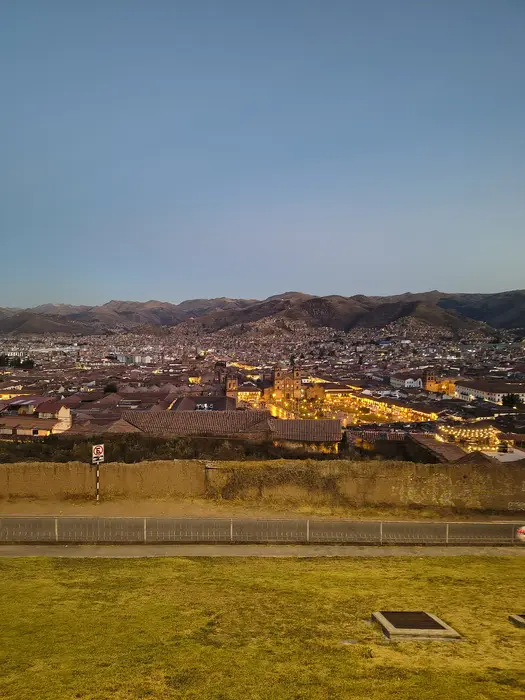 Cusco at dusk, with the Plaza de Armas lit up